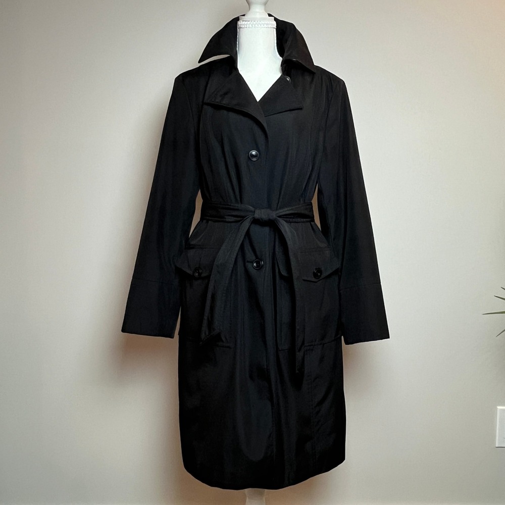 Calvin Klein Womens Black Belted Trench Coat Large Button Front Jacket